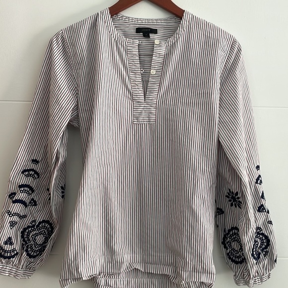 J Crew Preppy Embroidered Sleeves waist bow tie striped Poplin Shirt blouse Sz S - Picture 3 of 6